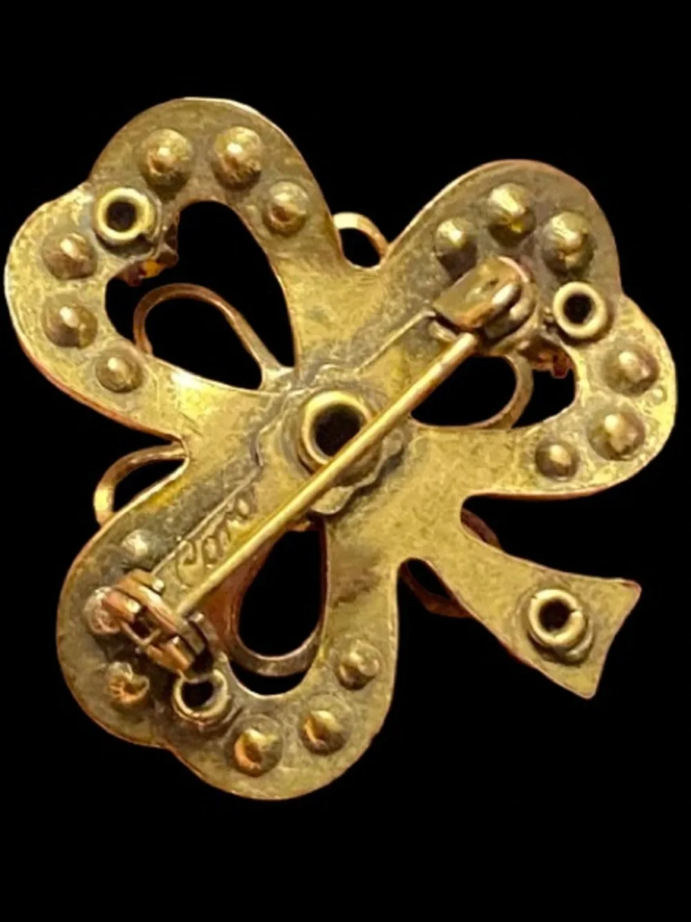 Vintage Gold Tone Coro Brooch 3-Leaf Clover Amber/ Topas Rhinestones Faux Pearls
